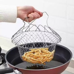 Stainless steel folding frying basket, household oil draining basket, kitchen small tool, vegetable washing and frying basket, multifunctional filter screen, Silver