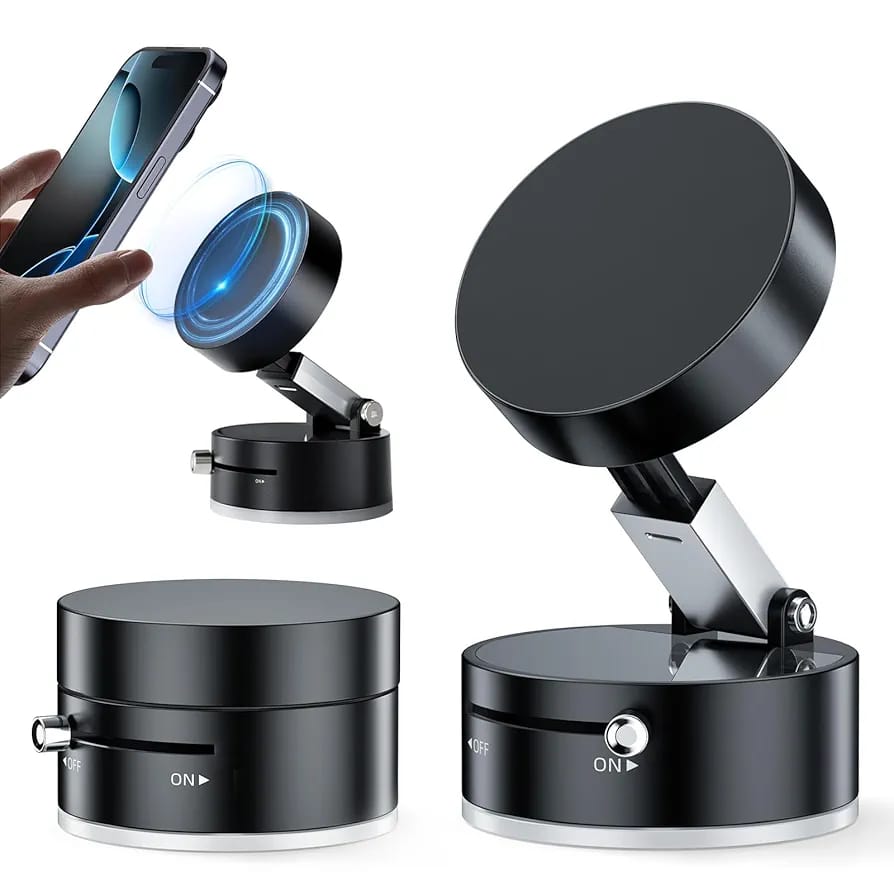 Vacuum Suction Magnetic Phone Holder, Upgrade Magnetic Suction Phone Mount Foldable & Retractable Vacuum Magnetic Phone Stand Double-Sided Magnetic Car Phone Holder for All Phones Car Mirror Gym Black