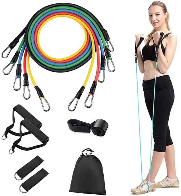 11Piece Gym Resistance Band for Workout | Rubber Resistance Band Tube with Door Anchor and Hook | Gym Equipment