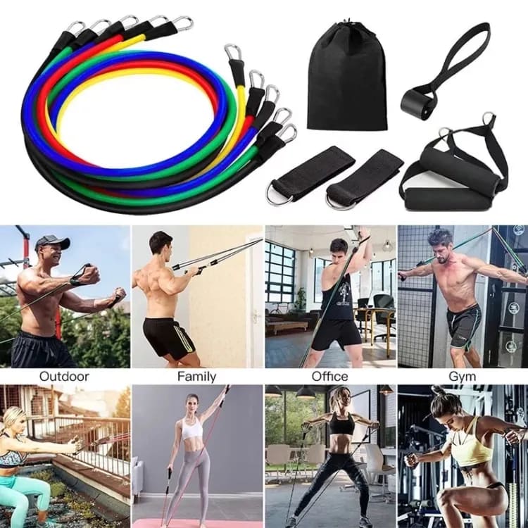 11Piece Gym Resistance Band for Workout | Rubber Resistance Band Tube with Door Anchor and Hook | Gym Equipment