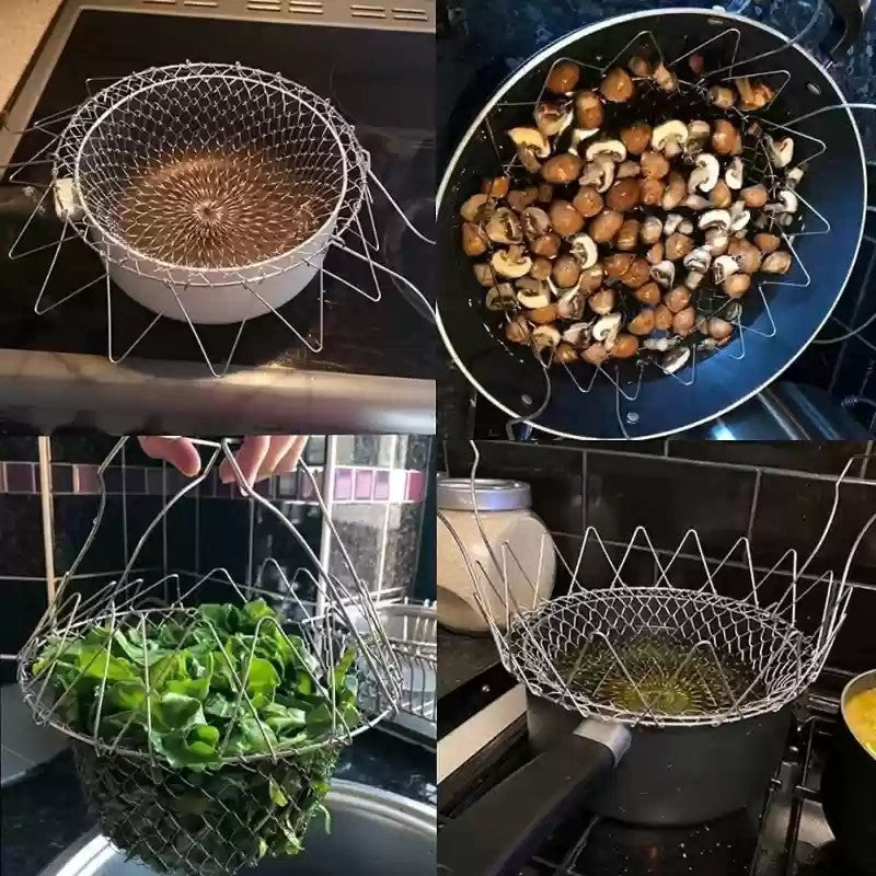 Stainless steel folding frying basket, household oil draining basket, kitchen small tool, vegetable washing and frying basket, multifunctional filter screen, Silver