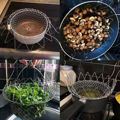 Stainless steel folding frying basket, household oil draining basket, kitchen small tool, vegetable washing and frying basket, multifunctional filter screen, Silver