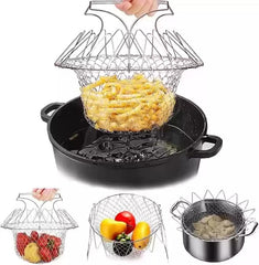 Stainless steel folding frying basket, household oil draining basket, kitchen small tool, vegetable washing and frying basket, multifunctional filter screen, Silver