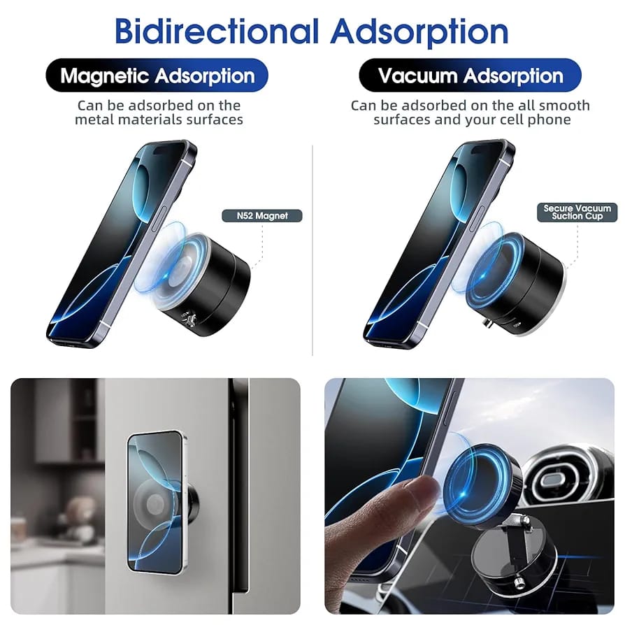 Vacuum Suction Magnetic Phone Holder, Upgrade Magnetic Suction Phone Mount Foldable & Retractable Vacuum Magnetic Phone Stand Double-Sided Magnetic Car Phone Holder for All Phones Car Mirror Gym Black