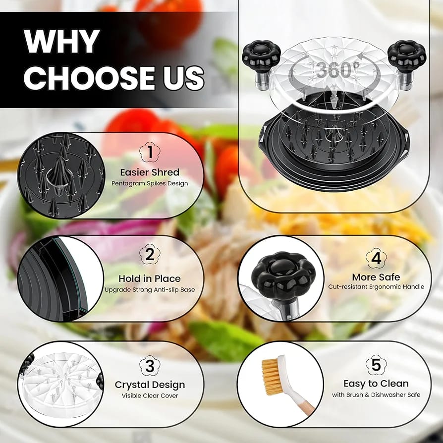 Chicken Shredder Tool Twist Large - 10'' Pro Meat Shredders for Chicken Breast,Visible Kitchen Gadgets Grinder Machine with Brush, Strong Anti-Slip Strip,Ergonomic Handle,BPA Free (Black)