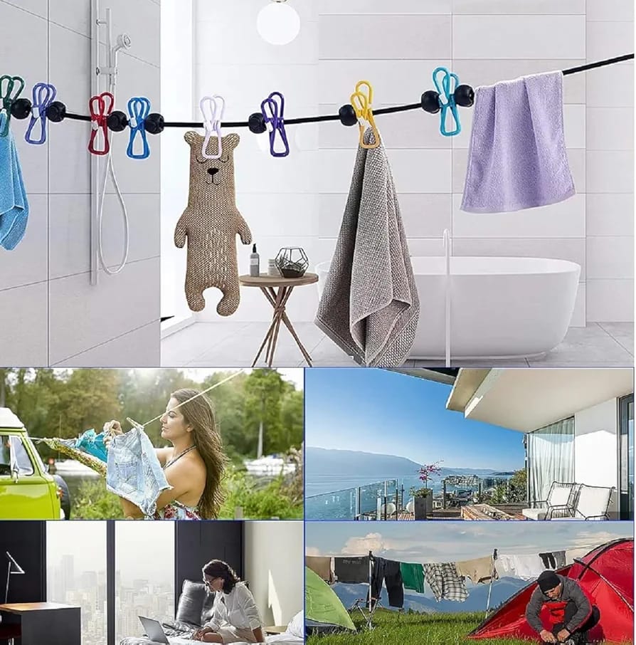 Travel Clothesline,Portable Clothesline,Camping Clothingline with 12 Clothes Clips, for Indoor Laundry Drying line, Outdoor Camping Accessories
